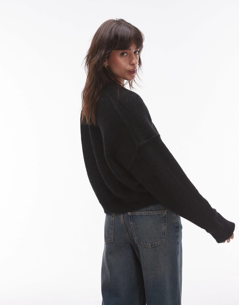 Topshop knit high v-neck fluffy sweater in black