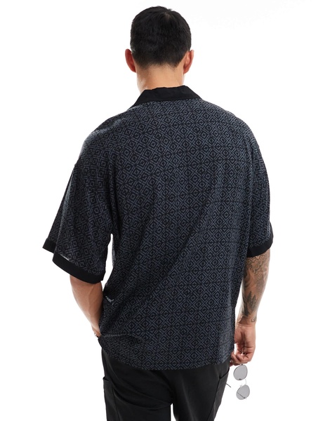 ADPT oversized camp collar shirt with boarder print in gray