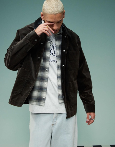 ASOS DESIGN oversized velvet look harrington jacket in brown with contrast collar