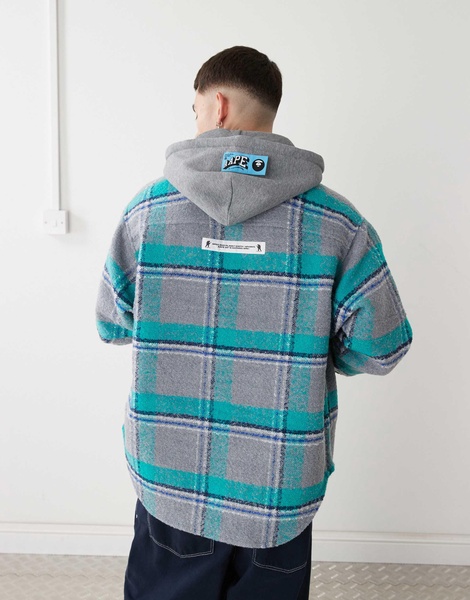 Aape By A Bathing Ape long sleeve hooded shacket in blue and gray check