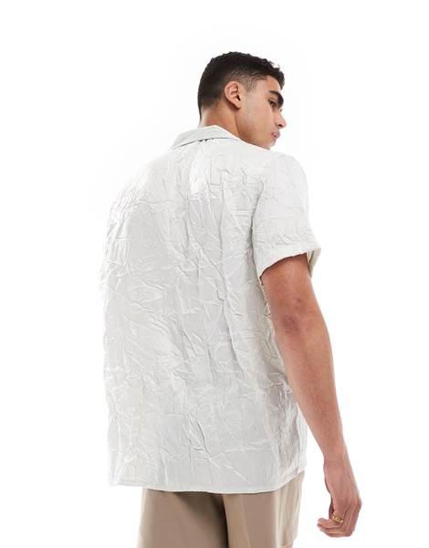 ASOS DESIGN short sleeve relaxed fit deep revere collar satin shirt in gray