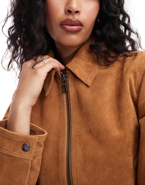 ASOS DESIGN suede top collar jacket in tan