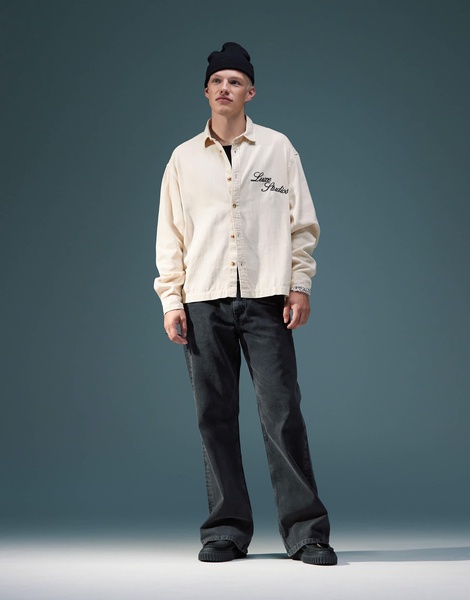 ASOS DESIGN boxy denim overshirt with chest embroidery in ecru