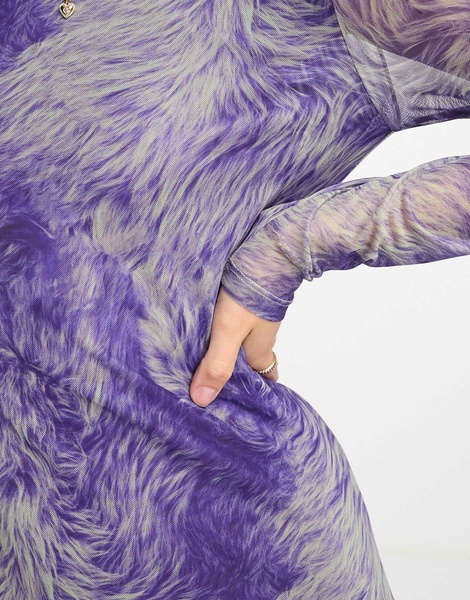 Monki mesh midi dress in purple and green swirl print