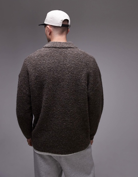 Topman oversized fit boucle polo shirt in heathered brown