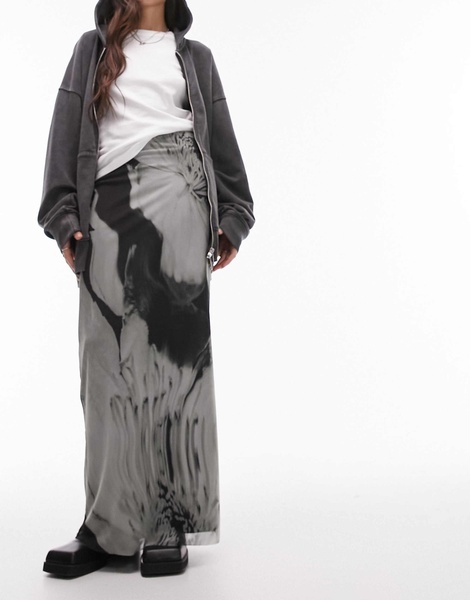Topshop jersey mesh maxi skirt in gray floral swirl