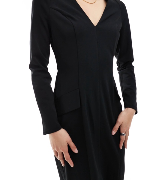 ASOS DESIGN long sleeve seam detail v-neck midi dress in black