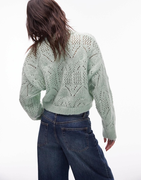 NA Topshop knitted crop pointelle sweater in light green