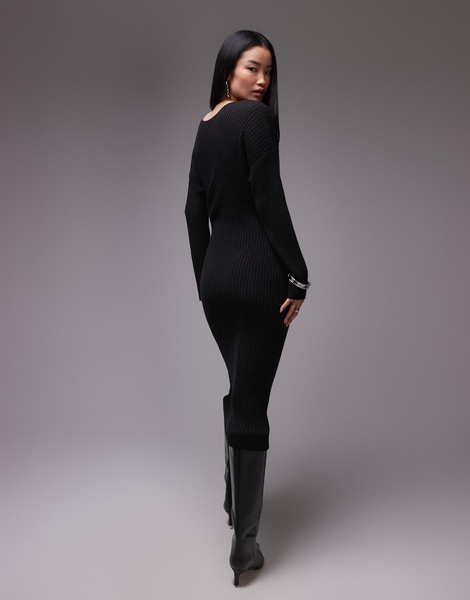 ARKET knitted rib midaxi dress with twisted drape detail in black