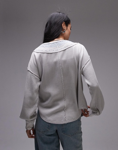 Free People stitch detail relaxed waffle henley sweatshirt in heather gray