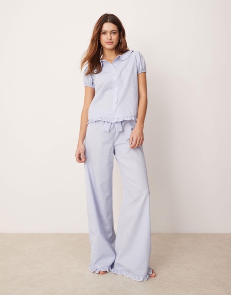 ASOS DESIGN lounge peter pan collar pajama blouse in blue stripe - part of a set