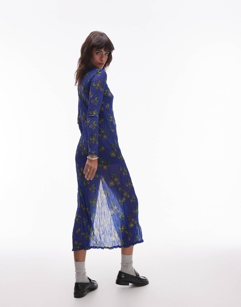 Topshop sheer crinkle crew neck maxi dress with slit in blue ditsy print