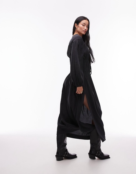 Topshop gathered bust midi dress in charcoal cupro