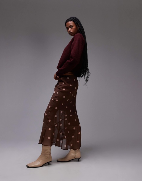 Topshop chiffon cutabout skirt in brown polka dot