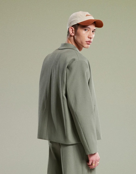 ASOS DESIGN ribbed boxy cropped suit jacket in olive green