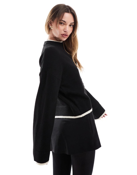 ASOS DESIGN knit crew neck cardigan with tipping detail in black