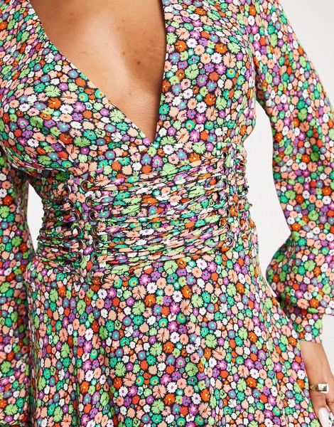 AFRM Nami long sleeve corset lace up floral mini dress in multi