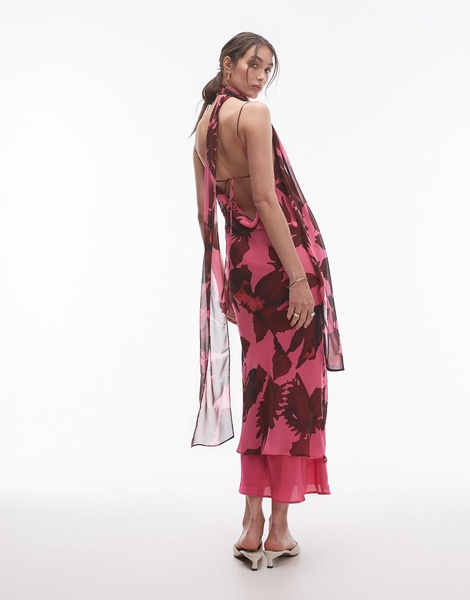Topshop chiffon cowl slip midi dress in pink oversized floral print with scarf