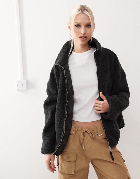 Monki long sleeve zip up fleece with contrasting trims in black
