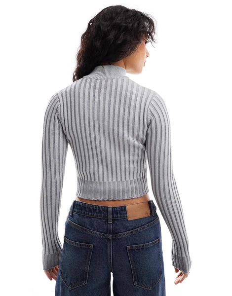 Bershka zip up ribbed sweater in gray