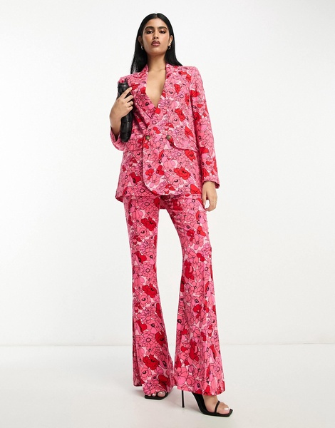 ASOS DESIGN poppy printed oversized double breasted suit blazer with linen in pink