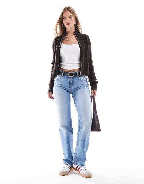 Brave Soul zip front ribbed sweater in dark brown
