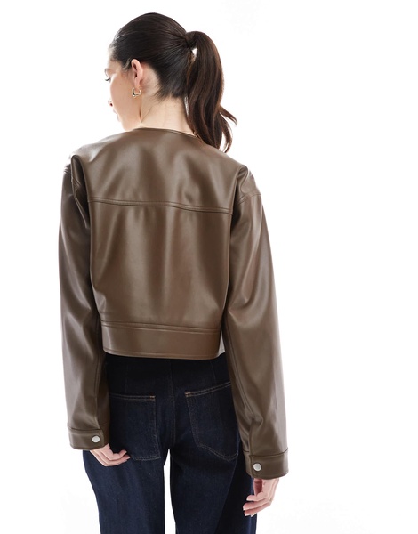 ASOS DESIGN cropped collarless leather look jacket in chocolate