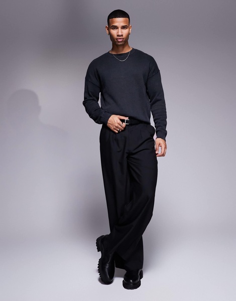 ASOS DESIGN washed relaxed knit crew neck sweater in black
