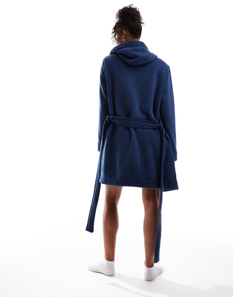 ASOS DESIGN microfleece mini robe in blue with contrast binding