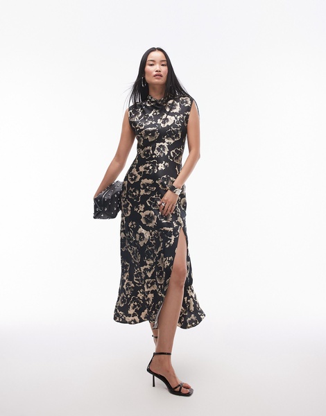 Topshop drape neck maxi dress in blurred mono floral