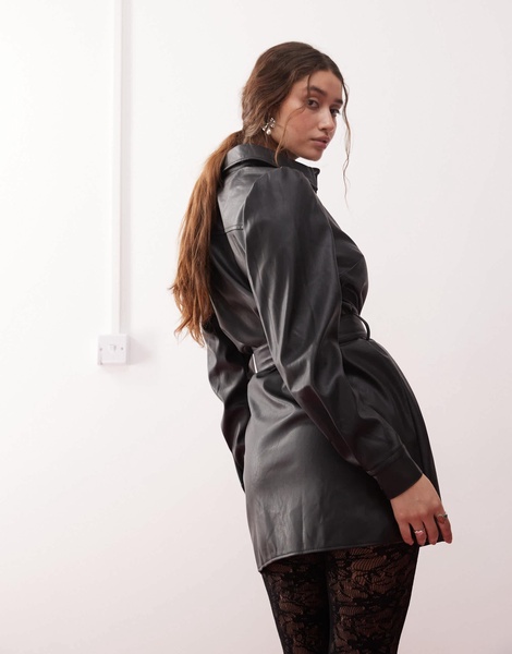 Miss Selfridge faux leather belted shirt dress in black