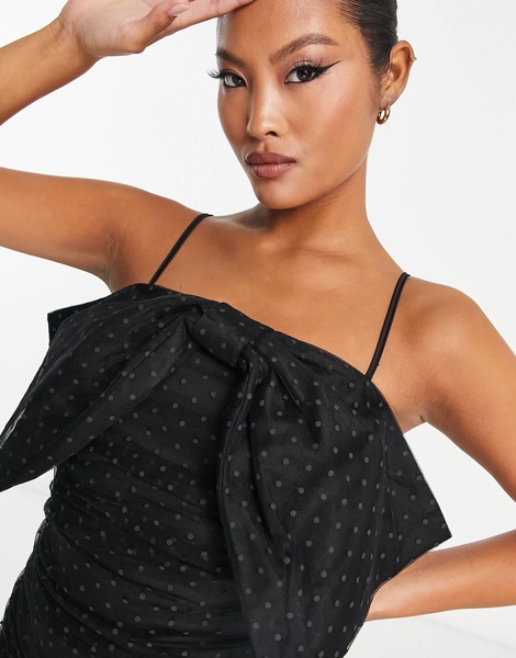 River Island Petite textured bow detail bandeau mini dress in black