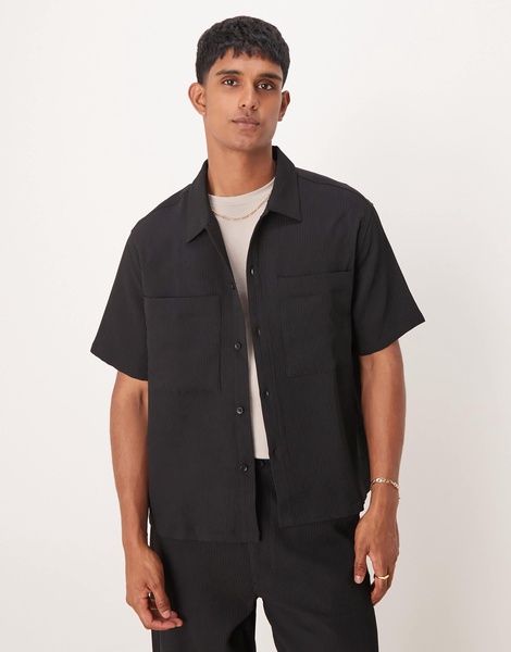Bershka plisse pocket shirt in black - part of a set