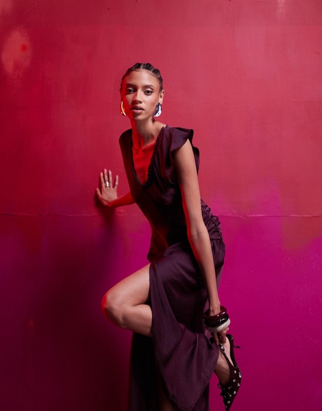 ASOS DESIGN asymmetric satin dress with ruffle detail in dark purple