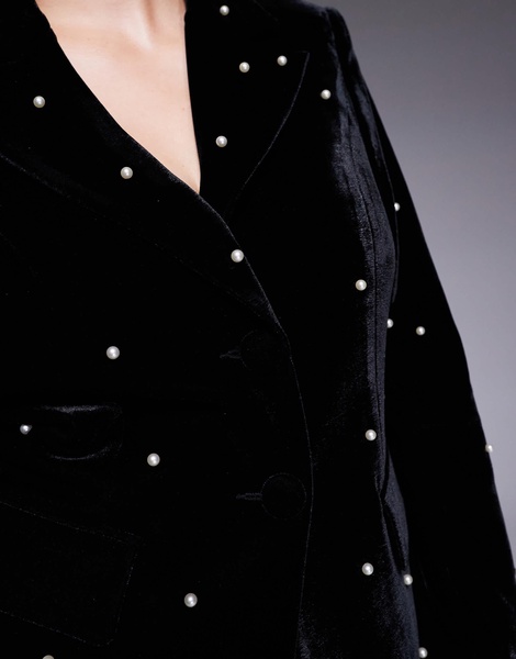ASOS LUXE Curve pearl embellished velvet blazer in black - part of a set