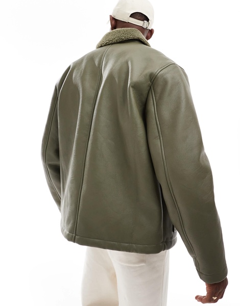 ASOS DESIGN faux leather oversized teddy lined worker jacket in green