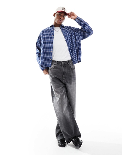 ASOS DESIGN boxy oversized long sleeve shirt in blue dad check
