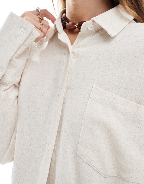 4th & Reckless linen blend oversized button up collared shirt in beige - part of a set