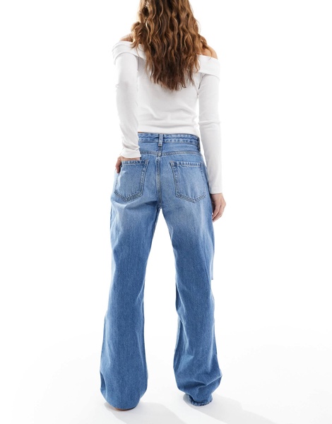 Bershka ripped knee wide leg jeans in mid blue