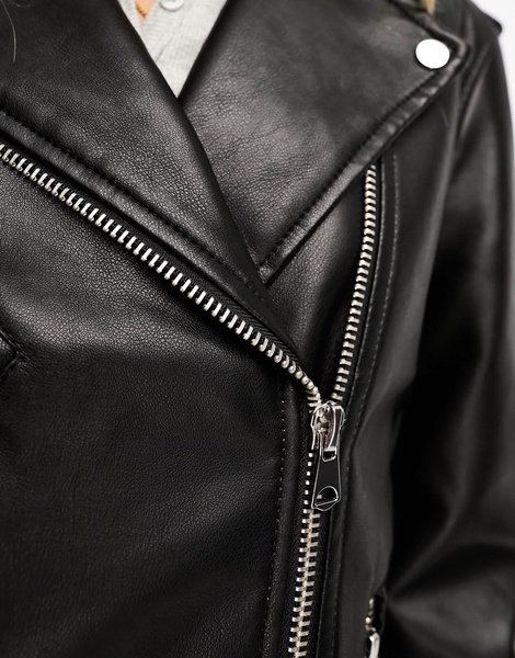 Stradivarius oversized faux leather biker jacket in black