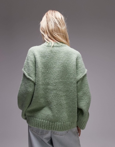 Topshop knit fluffy ribbed detail exposed seam crew oversized sweater in light green