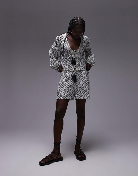 Topshop embroidered tie front beach shirt in white - part of a set