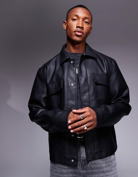 ASOS DESIGN faux leather oversized crop harrington jacket with pockets in black