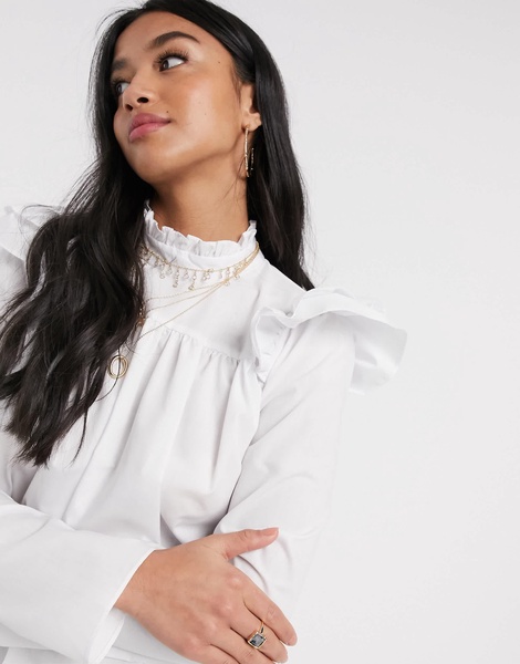 River Island Petite frill shoulder detail top in white