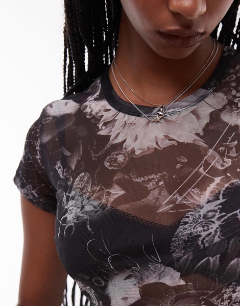 AllSaints Ellie mesh t-shirt in black print exclusive to ASOS