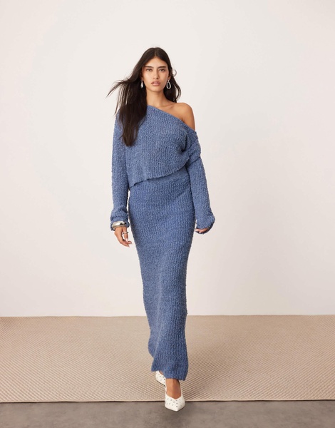 ASOS EDITION fine knit twist off shoulder cropped sweater in slate blue - part of a set