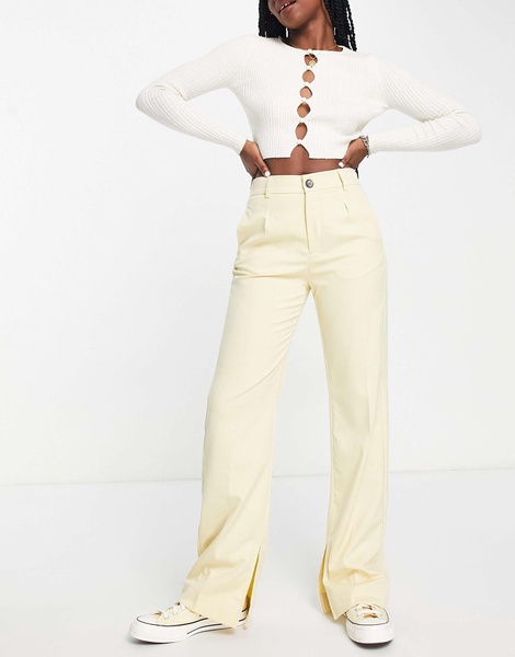Bershka straight leg split hem tailored pants in sand