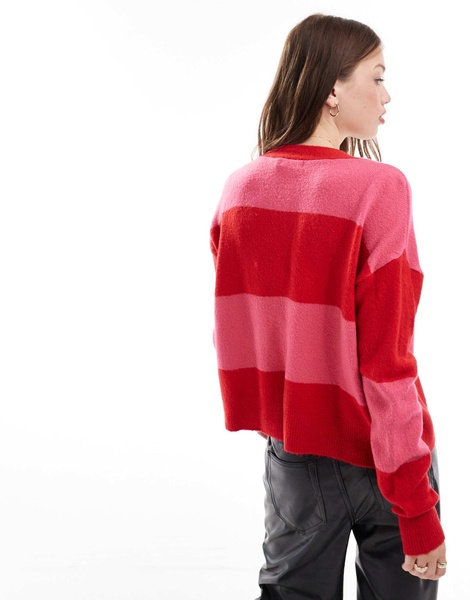 Brave Soul striped cardigan in red & pink