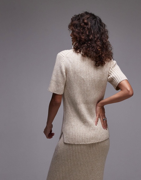 ARKET premium wool and cotton blend soft knit ribbed short sleeve sweater with roll neck in light beige - part of a set