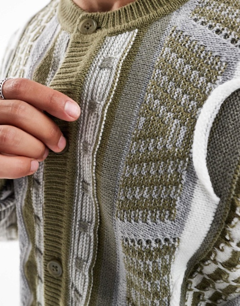 ASOS DESIGN relaxed cable knit crew neck cardigan in textured green stripe